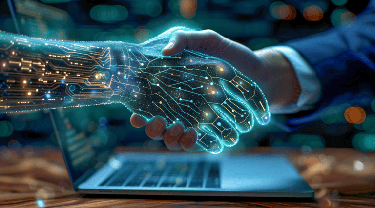 Menschenhand schüttelt KI Hand als Symbolismus